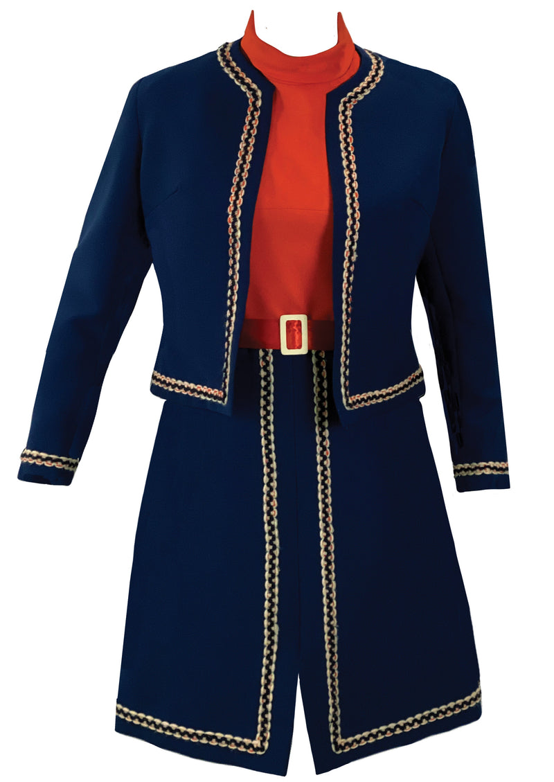 Vintage 1960s Blue, Red and Cream Dress and Jacket Ensemble - New!