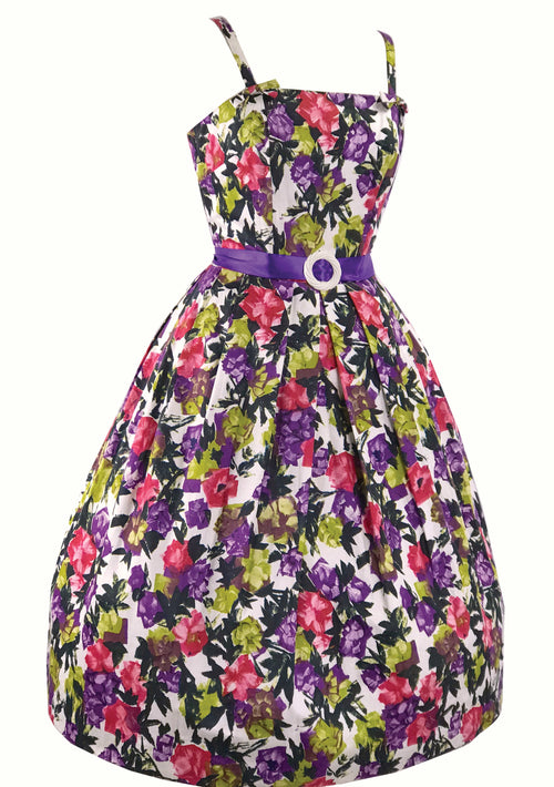 Vibrant Late 1950s to Early 1960s Floral Polished Cotton Dress- New!