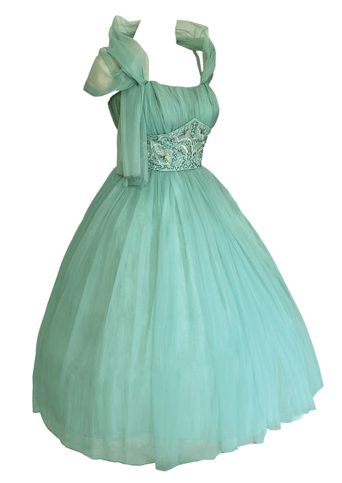 Late 12950s Seafoam Green Cocktail Dress with Sequin Cummerbund - NEW!