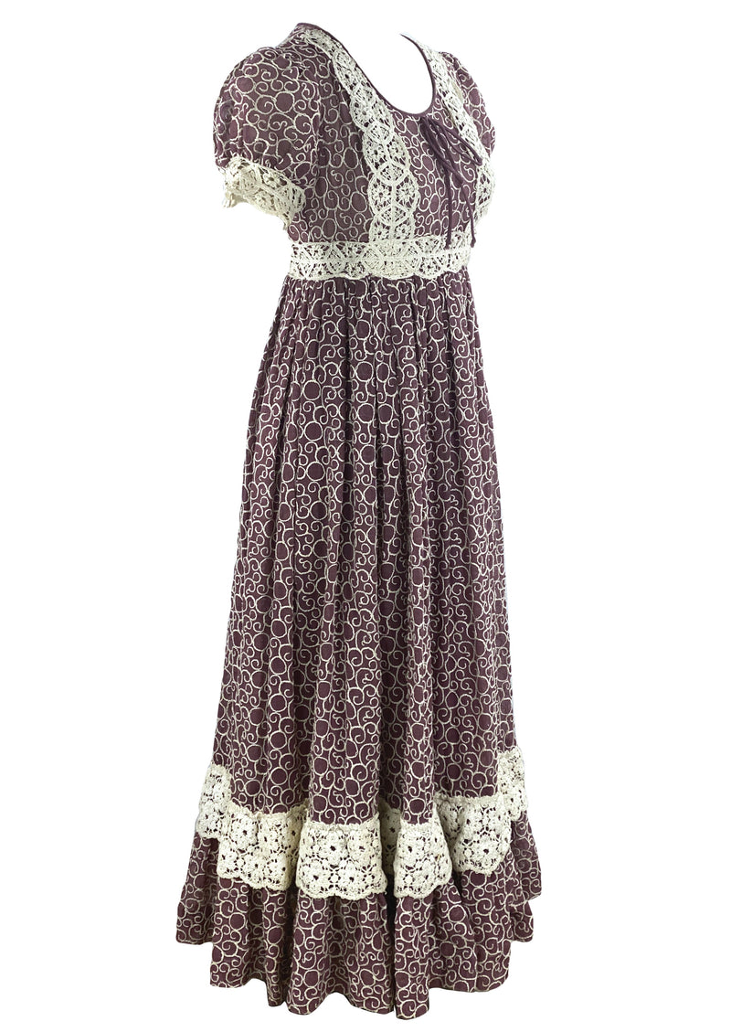 Vintage 1970s Chocolate Brown Maxi Prairie Dress- NEW!