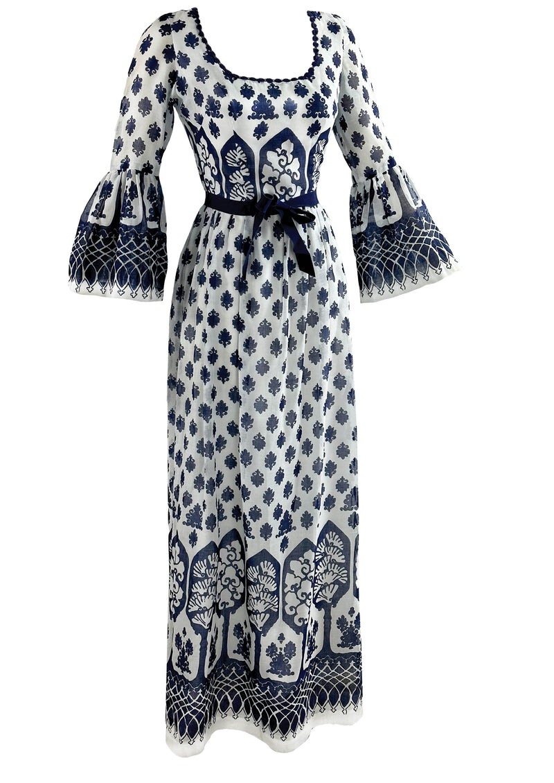 Vintage Late 1960s to 1970s Navy and White Maxi Dress - NEW!