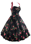 Vintage 1950s Pink Roses on Black Background Cotton Halter Dress - NEW!