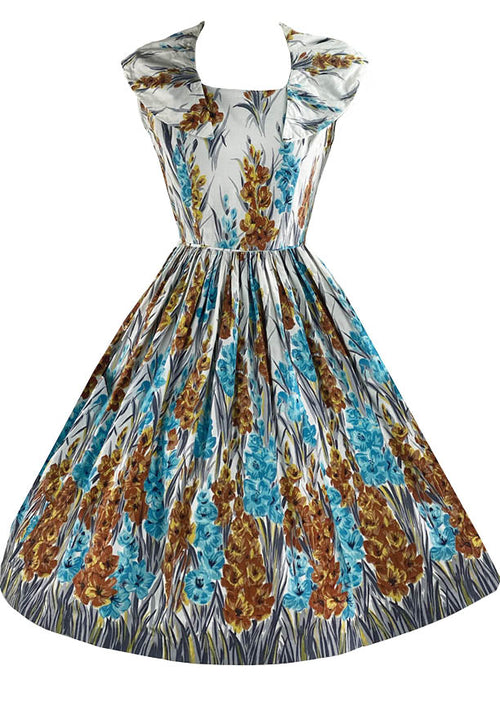 Late 1950s Blue and Gold Hollyhocks Designer Dress NEW!
