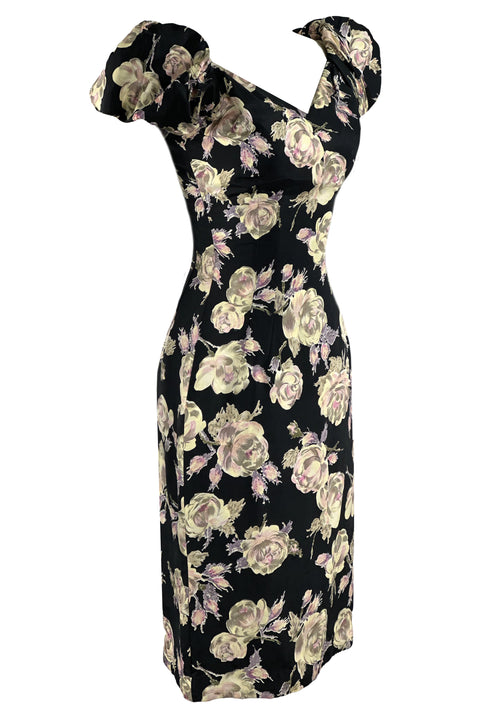 Late 1950s Roses Wiggle Dress on Black Background - NEW!