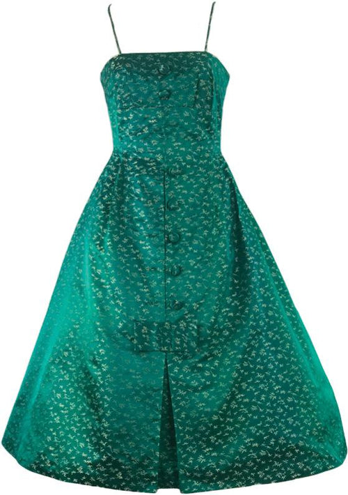 Vintage 1950s Emerald Green Brocade Dress- New!