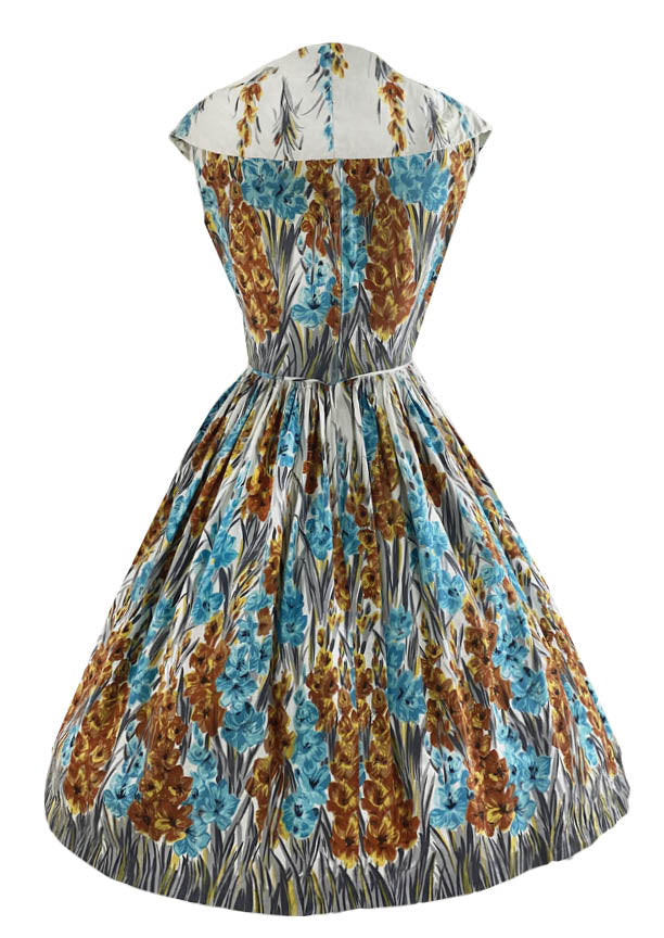 Late 1950s Blue and Gold Hollyhocks Designer Dress NEW!