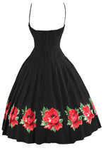 Late 1950s Black Cotton Sundress with Red Roses Border- NEW!