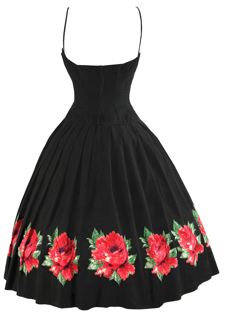 Late 1950s Black Cotton Sundress with Red Roses Border- NEW!