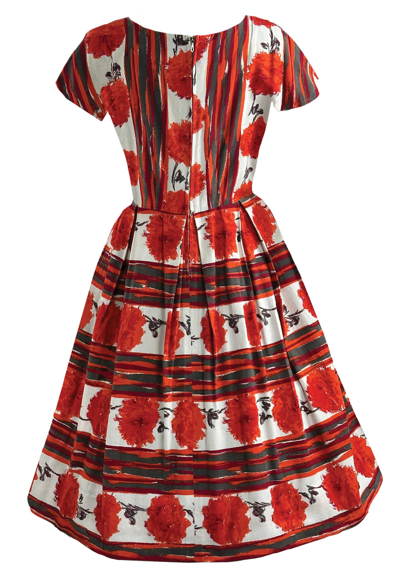 Late 1950s to Early 1960s Tangerine Carnations Cotton Dress - NEW!