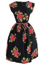 Late 1950s to Early 1960s Red Camellias Cotton Dress- NEW!