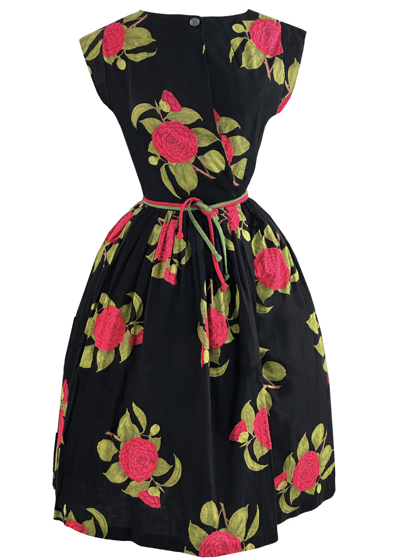 Late 1950s to Early 1960s Red Camellias Cotton Dress- NEW!