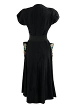 Beautiful Vintage 1950s Black Rayon Dress with 3D Appliqués- NEW!