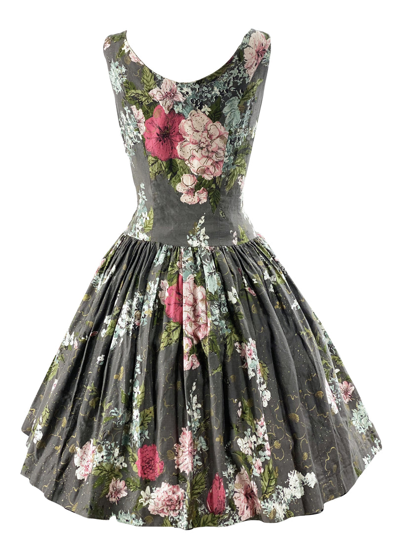 Vintage late 1950s Silver Background with Bouquets Cotton Dress- NEW!