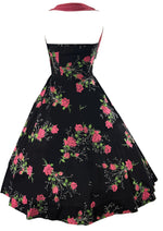 Vintage 1950s Pink Roses on Black Background Cotton Halter Dress - NEW!