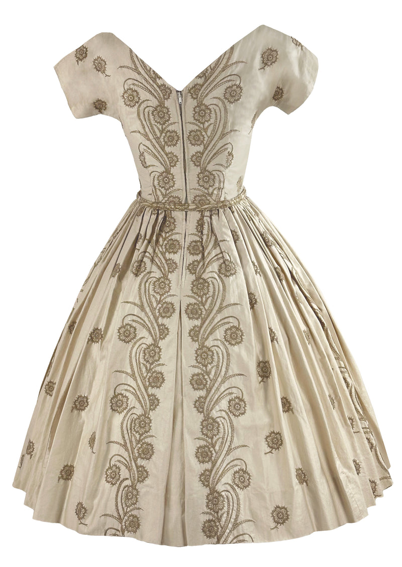 Vintage Early 1960s Cream Glazed Cotton Embroidered Dress- NEW!