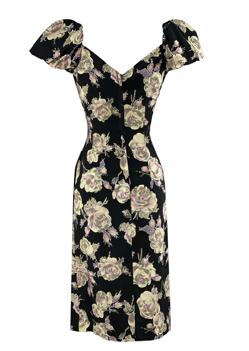 Late 1950s Roses Wiggle Dress on Black Background - NEW!