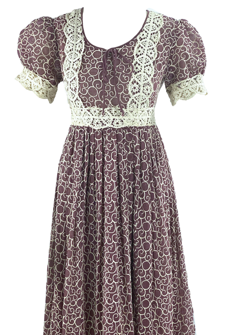 Vintage 1970s Chocolate Brown Maxi Prairie Dress- NEW!