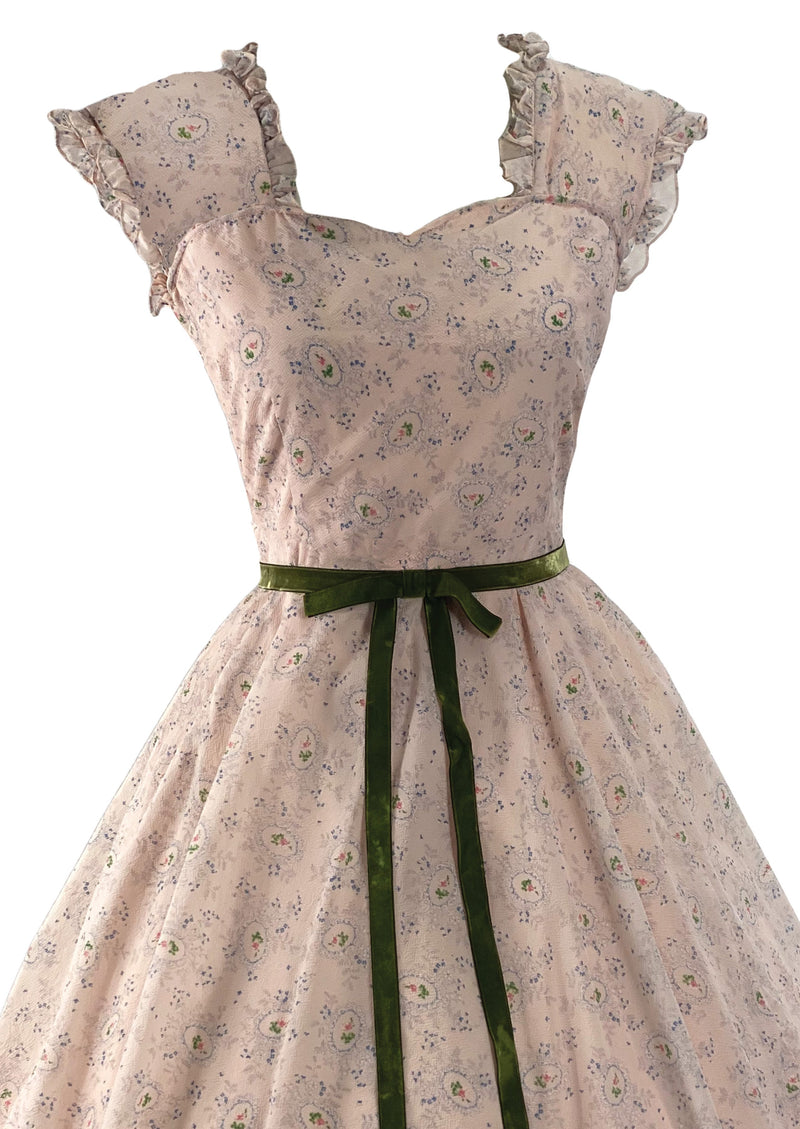 Charming Late 1950s Pink Floral Cameo Plissé Dress- NEW!
