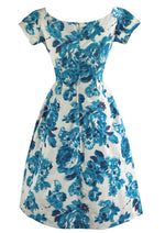 Vintage Late 1950s Early 1960s Blue & White Roses Cotton Dress - NEW!