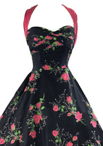 Vintage 1950s Pink Roses on Black Background Cotton Halter Dress - NEW!