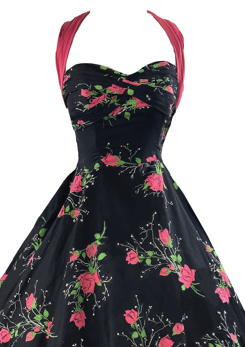 Vintage 1950s Pink Roses on Black Background Cotton Halter Dress - NEW!