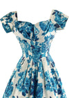 Vintage Late 1950s Early 1960s Blue & White Roses Cotton Dress - NEW!