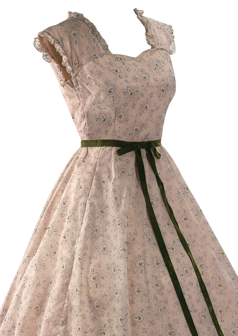 Charming Late 1950s Pink Floral Cameo Plissé Dress- NEW!