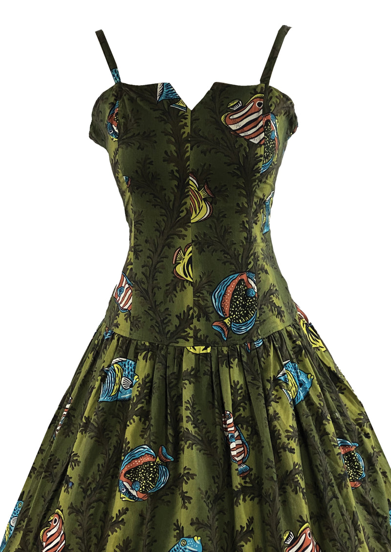 Vintage 1970s Green Fishes Novelty Print Dress - NEW!