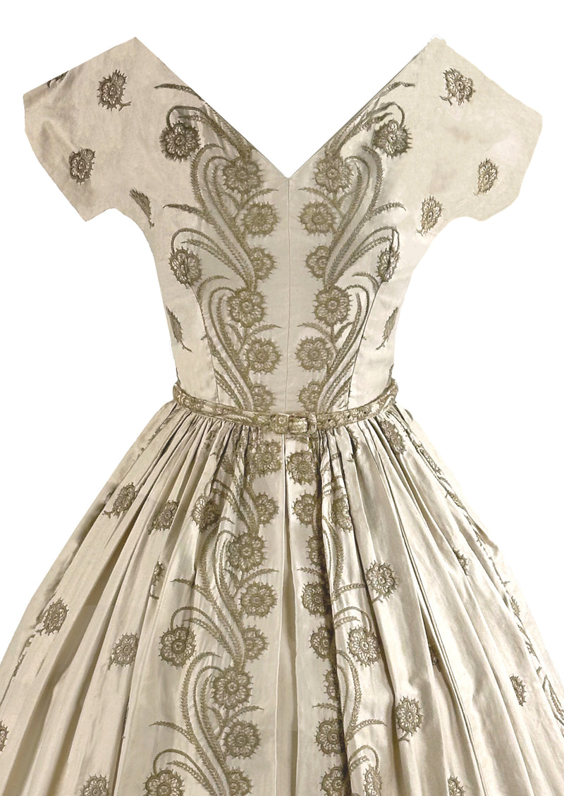 Vintage Early 1960s Cream Glazed Cotton Embroidered Dress- NEW!