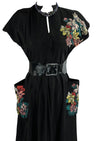 Beautiful Vintage 1950s Black Rayon Dress with 3D Appliqués- NEW!