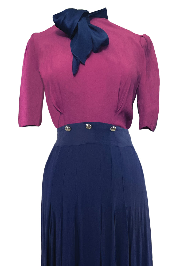 Late 1930s to Early 1940s Magenta and Navy Dress - NEW!