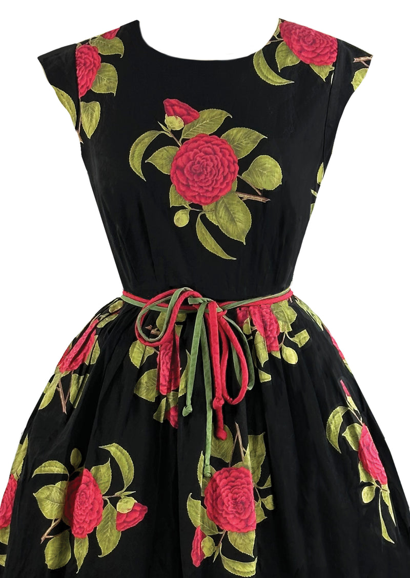 Late 1950s to Early 1960s Red Camellias Cotton Dress- NEW!