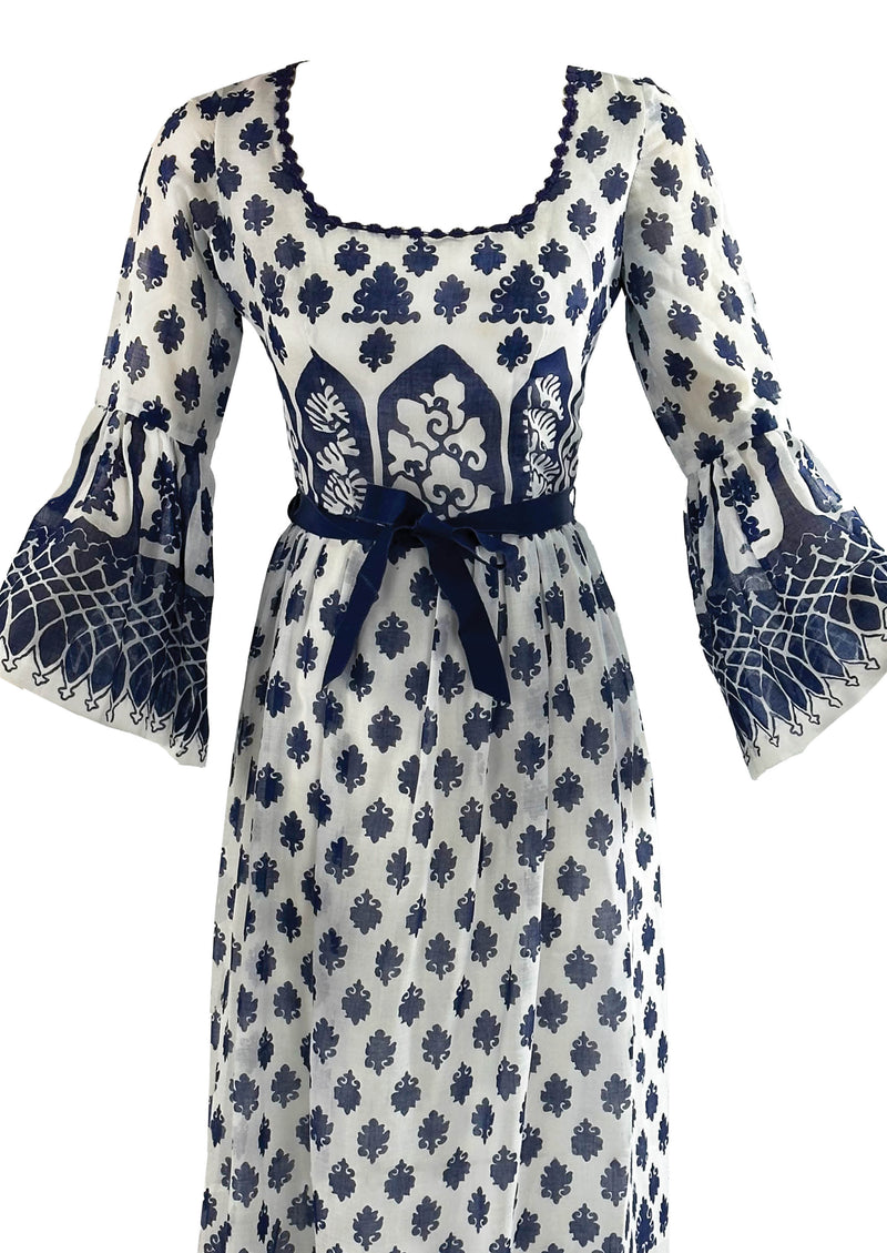 Vintage Late 1960s to 1970s Navy and White Maxi Dress - NEW!