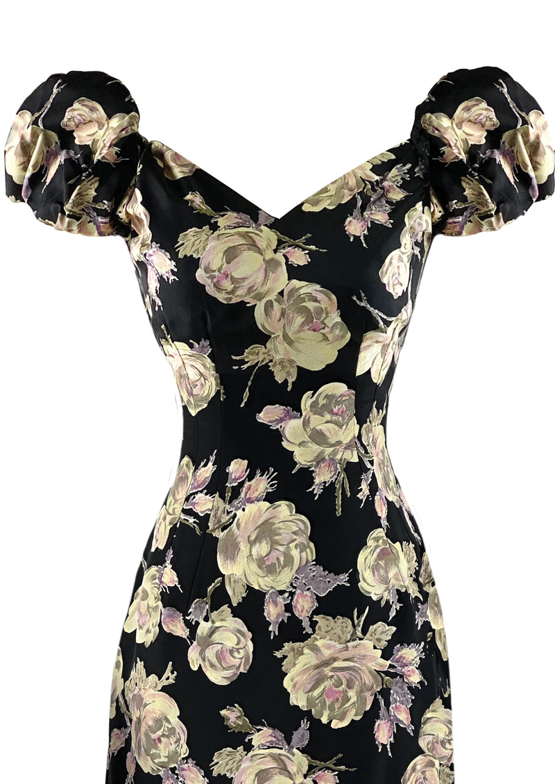 Late 1950s Roses Wiggle Dress on Black Background - NEW!