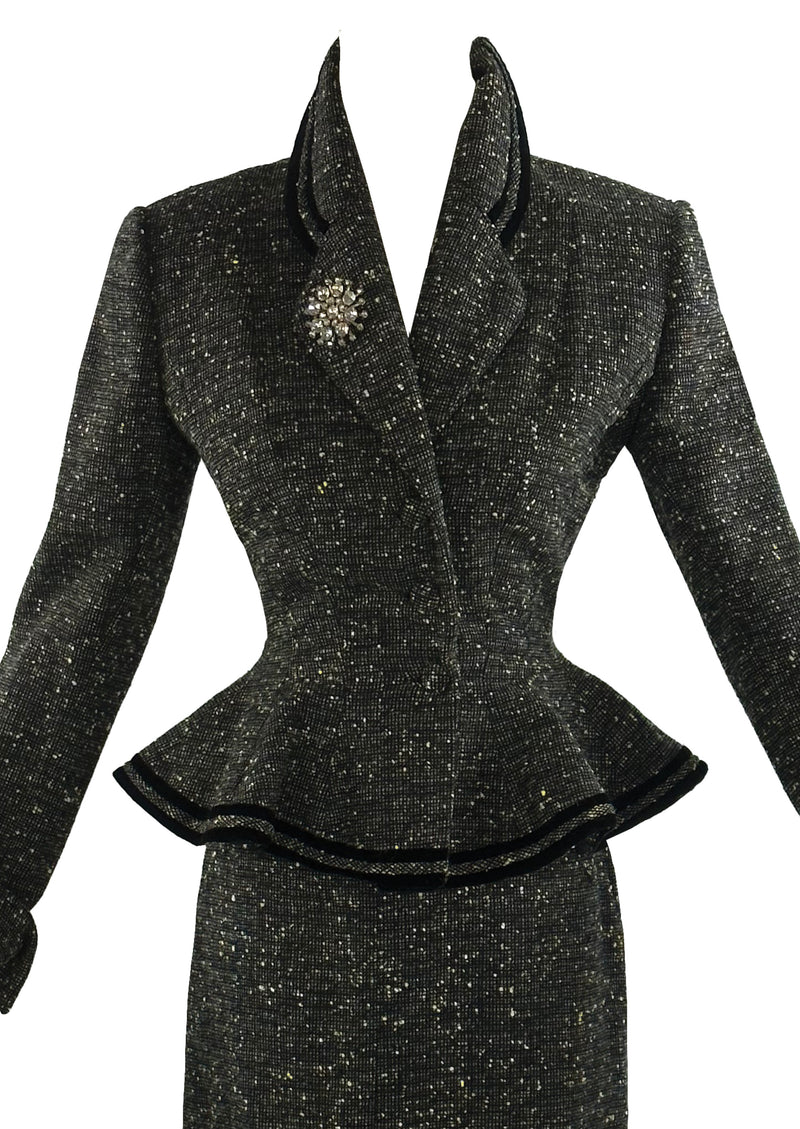 Vintage 1950s Black and Cream Flecked Wool Designer Suit - NEW!