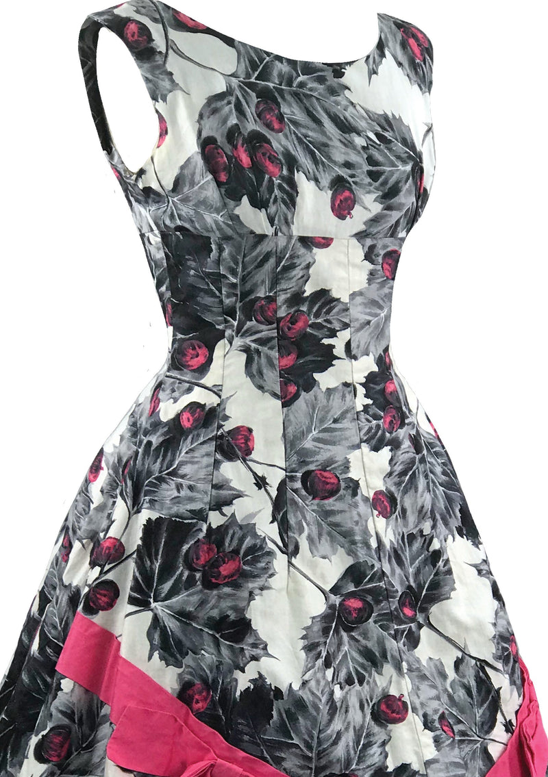 Vintage 1950s Magenta & Grey Berry Print Cotton Dress - New!
