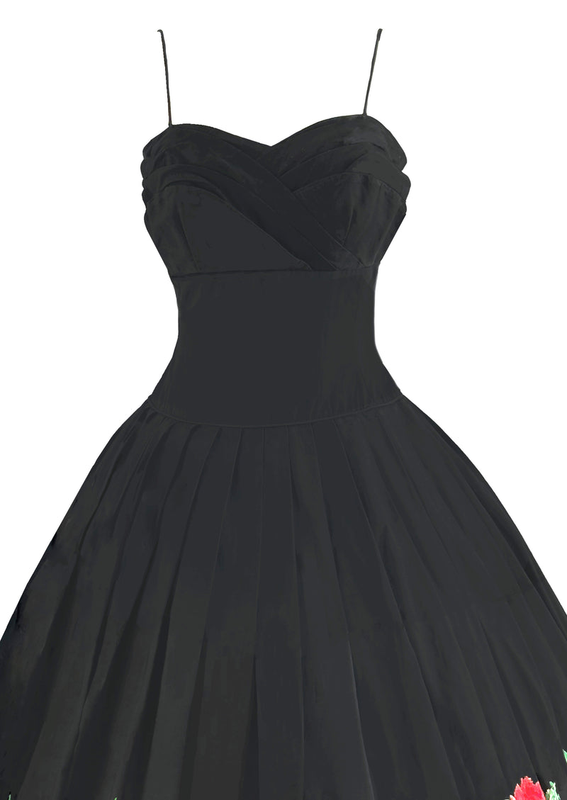 Late 1950s Black Cotton Sundress with Red Roses Border- NEW!