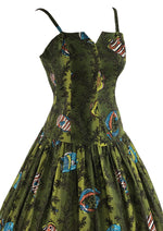 Vintage 1970s Green Fishes Novelty Print Dress - NEW!