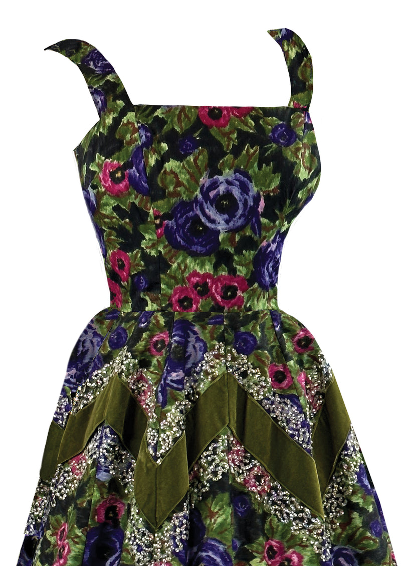 Late 1950s Ranunculus Floral Cocktail Dress with Velvet and Sequins - NEW!