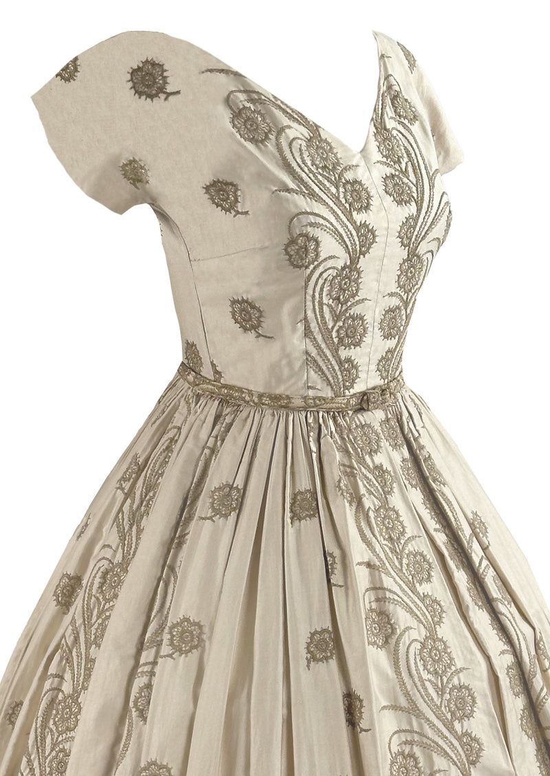 Vintage Early 1960s Cream Glazed Cotton Embroidered Dress- NEW!