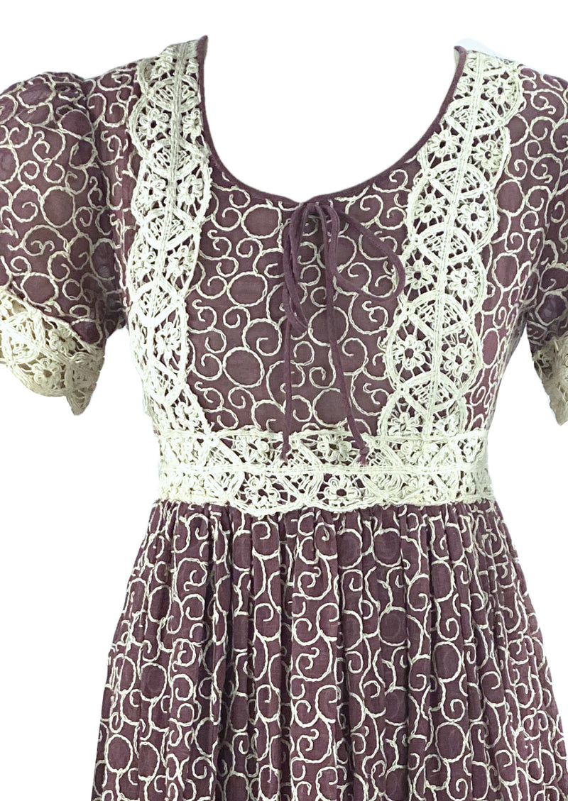 Vintage 1970s Chocolate Brown Maxi Prairie Dress- NEW!