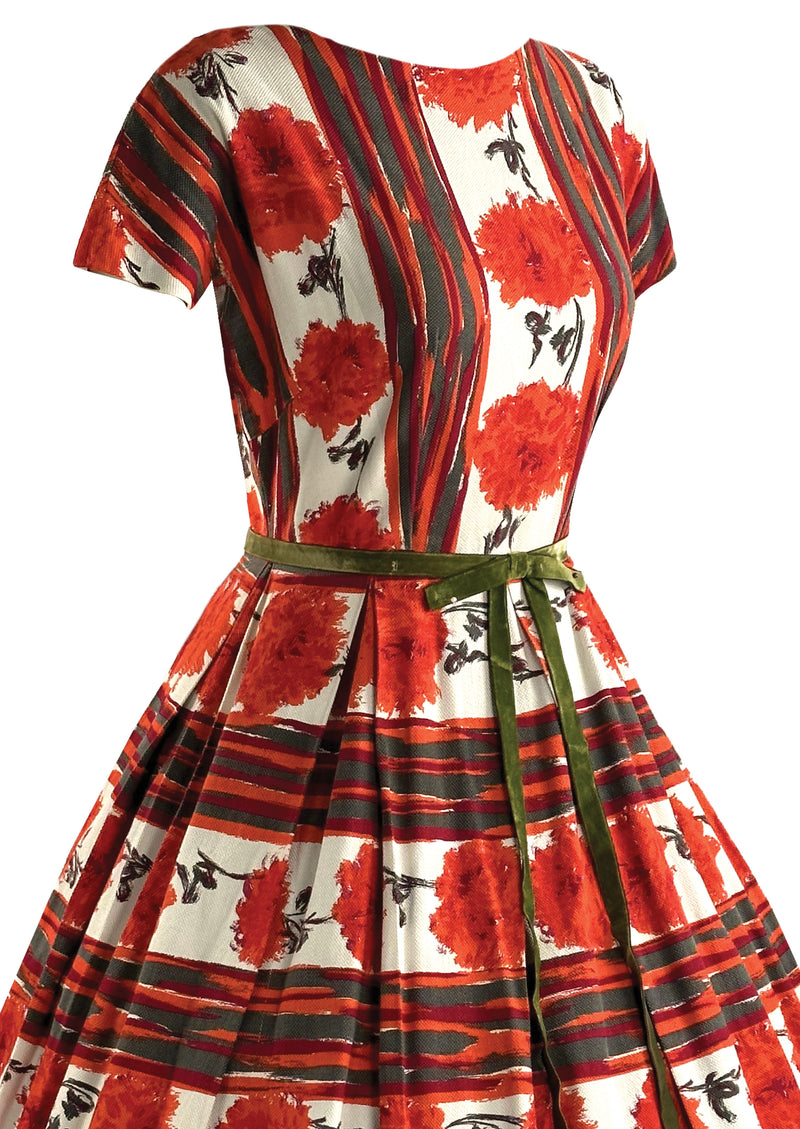Late 1950s to Early 1960s Tangerine Carnations Cotton Dress - NEW!