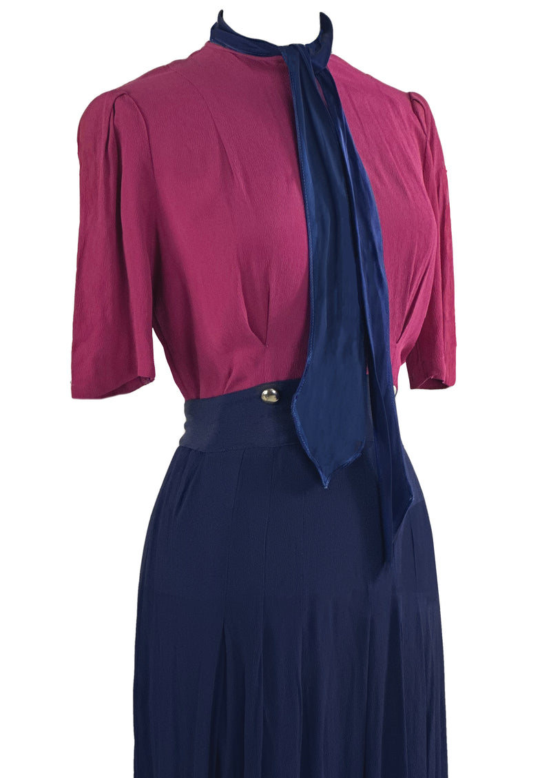 Late 1930s to Early 1940s Magenta and Navy Dress - NEW!