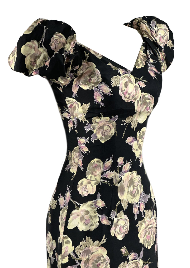 Late 1950s Roses Wiggle Dress on Black Background - NEW!