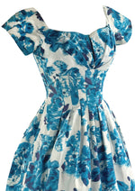 Vintage Late 1950s Early 1960s Blue & White Roses Cotton Dress - NEW!
