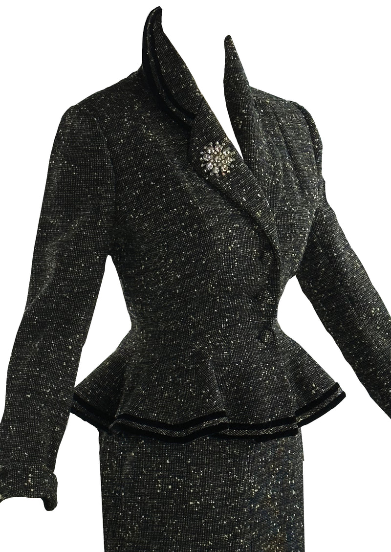 Vintage 1950s Black and Cream Flecked Wool Designer Suit - NEW!