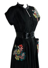 Beautiful Vintage 1950s Black Rayon Dress with 3D Appliqués- NEW!