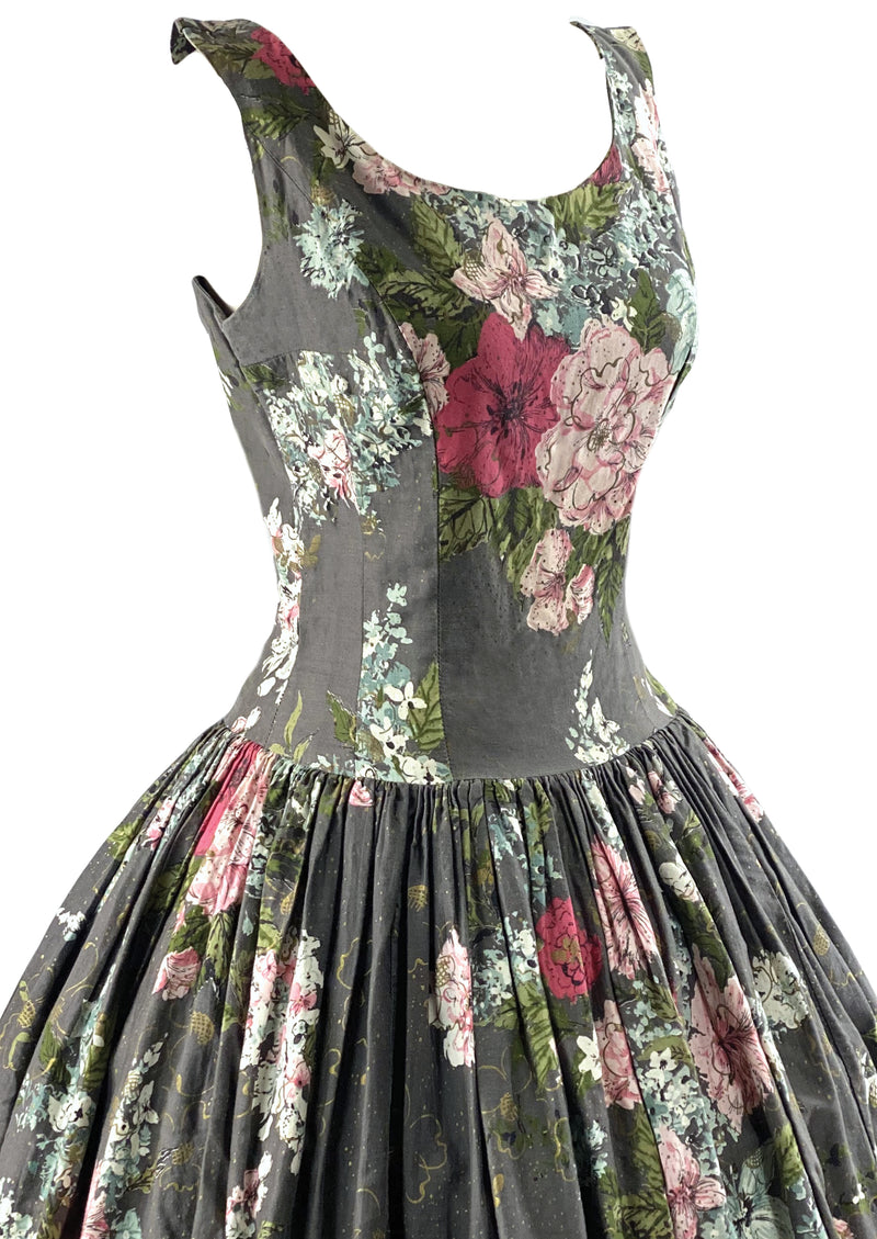 Vintage late 1950s Silver Background with Bouquets Cotton Dress- NEW!