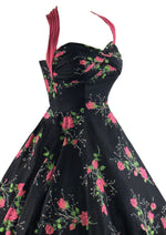 Vintage 1950s Pink Roses on Black Background Cotton Halter Dress - NEW!