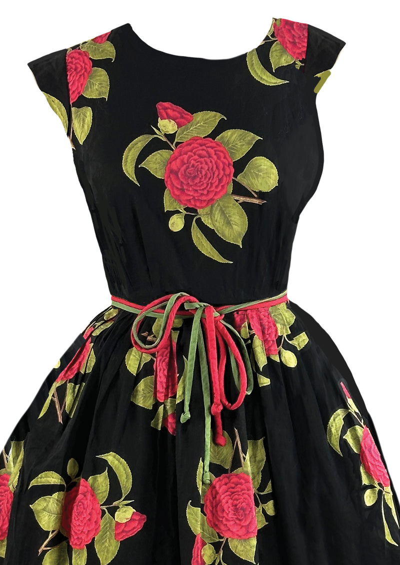 Late 1950s to Early 1960s Red Camellias Cotton Dress- NEW!